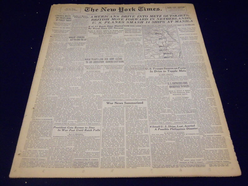 1944 NOV 15 NEW YORK TIMES - AMERICANS DRIVE INTO METZ OUTSKIRTS - NT 825