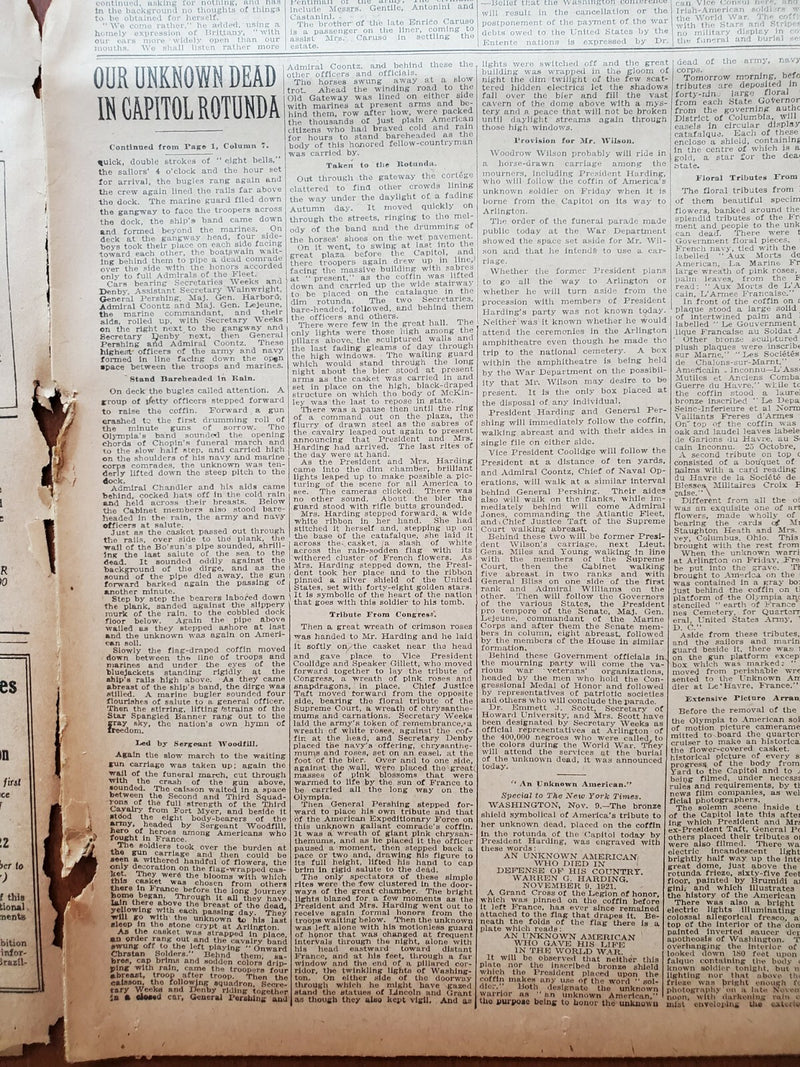 1921 NOVEMBER 10 NEW YORK TIMES - OUR UNKNOWN DEAD IN CAPITOL ROTUNDA - NT 8019
