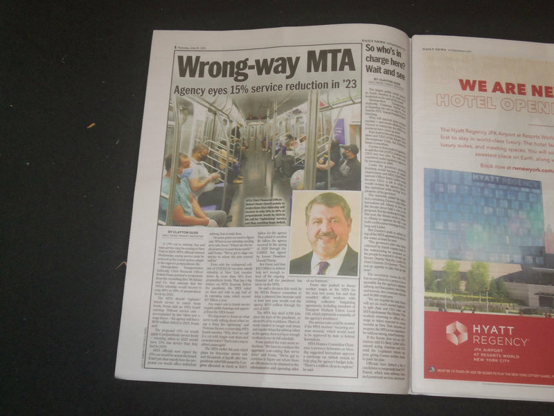 2021 JULY 22 NEW YORK DAILY NEWS NEWSPAPER - NYC TRANSIT CUTS COMING
