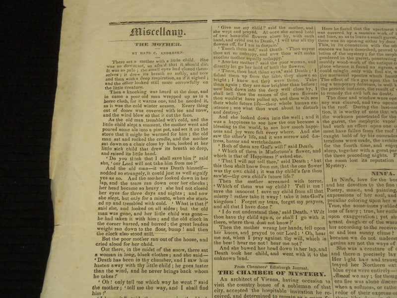 1848 JUNE 2 NEW HAMPSHIRE STATESMAN NEWSPAPER - HANS C. ANDERSEN - NP 3297F