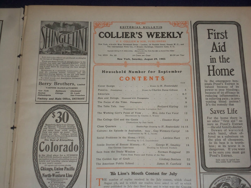 1903 AUGUST 29 COLLIER'S MAGAZINE - HOUSEHOLD NUMBER FOR SEPTEMBER - ST 6677