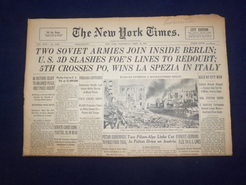 1945 APRIL 25 NEW YORK TIMES - TWO SOVIET ARMIES JOIN INSIDE BERLIN - NP 6702