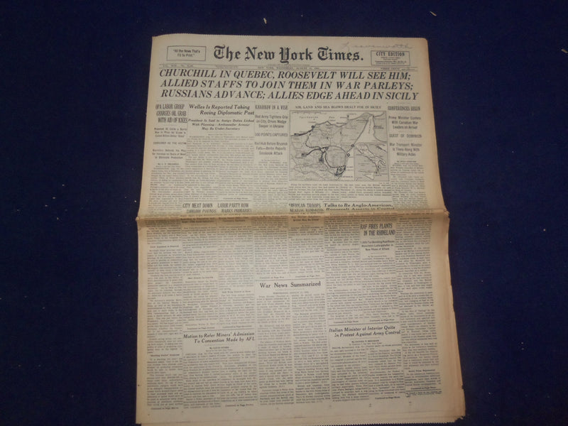 1943 AUG 11 NEW YORK TIMES -CHURCHILL IN QUEBEC, ROOSEVELT WILL SEE HIM- NP 6548