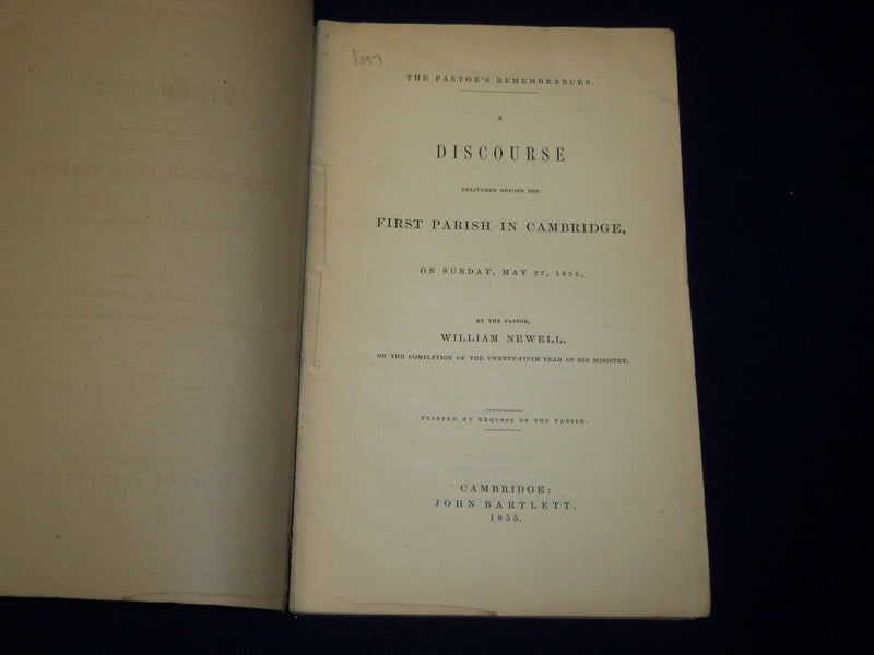 1855 MAY 27 FIRST PARISH IN CAMBRIDGE DISCOURSE BY WILLIAM NEWELL - J 4577