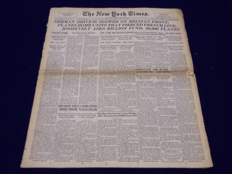 1940 MAY 17 NEW YORK TIMES - GERMAN DRIVE IS SLOWED ON BELGIAN FRONT - NT 183