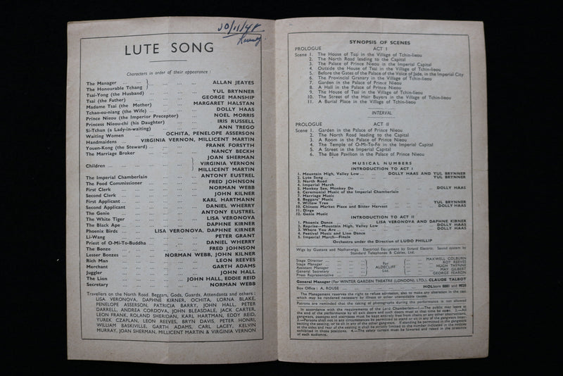 1948 LUTE SONG PROGRAM - YUL BRYNNER - WINTER GARDEN THEATRE - LONDON - K 1900