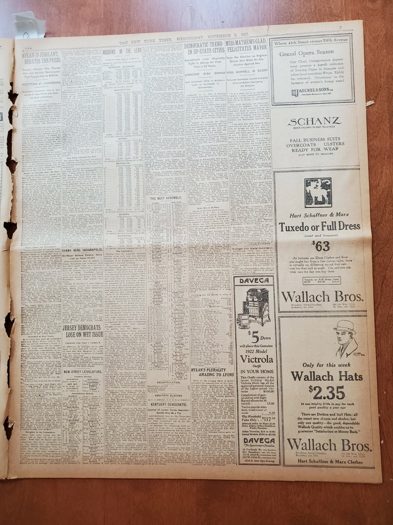 1921 NOVEMBER 9 NEW YORK TIMES NEWSPAPER - MAYOR HYLAN IS RE-ELECTED - NT 8020