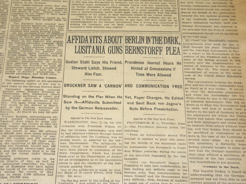1915 JUNE 3 NEW YORK TIMES - AFFIDAVITS ABOUT LUSITANIA GUNS - NT 7693