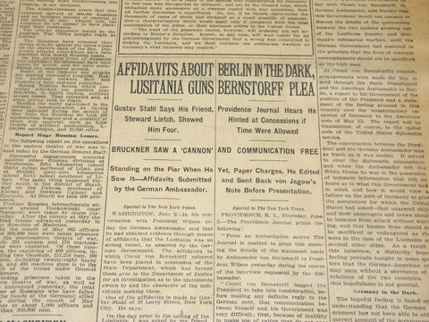 1915 JUNE 3 NEW YORK TIMES - AFFIDAVITS ABOUT LUSITANIA GUNS - NT 7693
