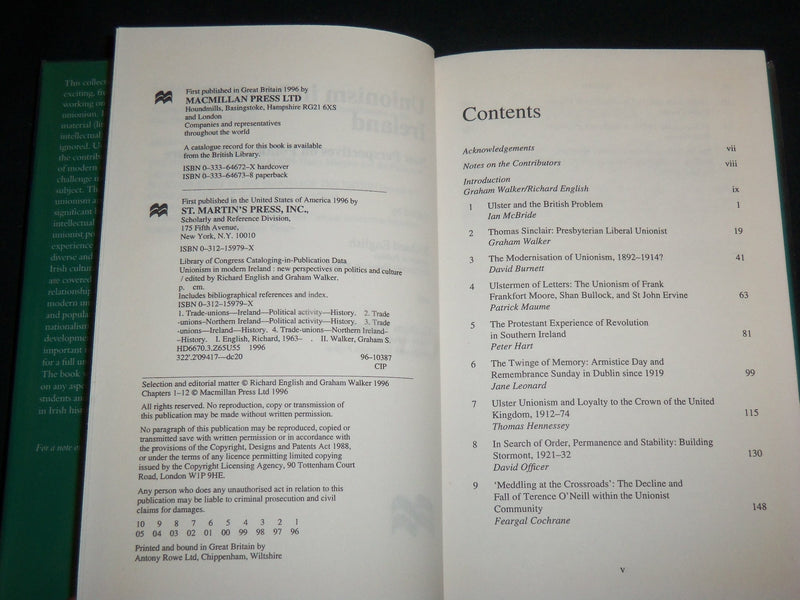 1996 UNIONISM IN THE MODERN IRELAND HARDCOVER BOOK - ENGLISH & WALKER - KD 6895