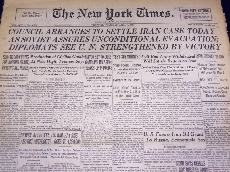 1946 APRIL 4 NEW YORK TIMES - COUNCIL ARRANGES TO SETTLE IRAN CASE TODAY- NT 851