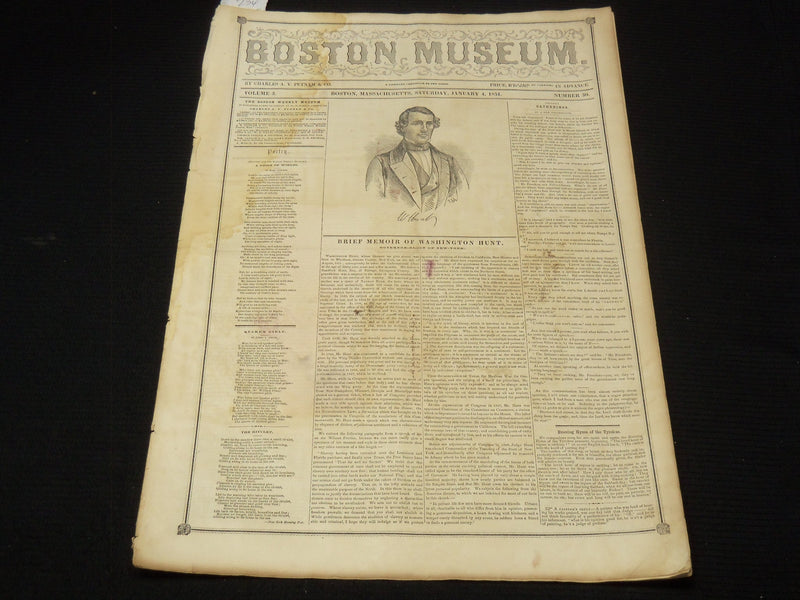 1851 JANUARY 4 THE BOSTON MUSEUM NEWSPAPER - GOVERNOR HUNT & BRIGGS - NP 9037