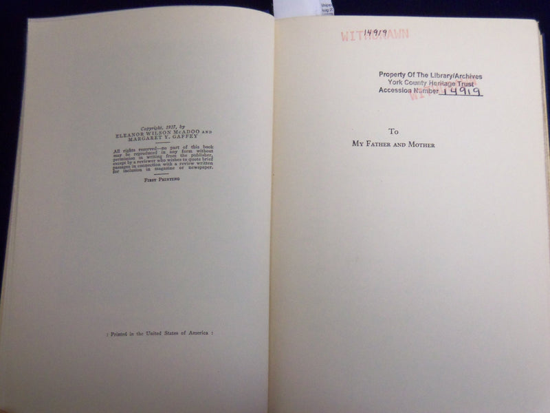 1937 THE WOODROW WILSONS BOOK BY ELEANOR WILSON MCADOO - KD 703I