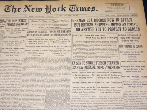 1915 FEBRUARY 18 NEW YORK TIMES - GERMAN SEA DECREE NOW IN EFFECT - NT 7778