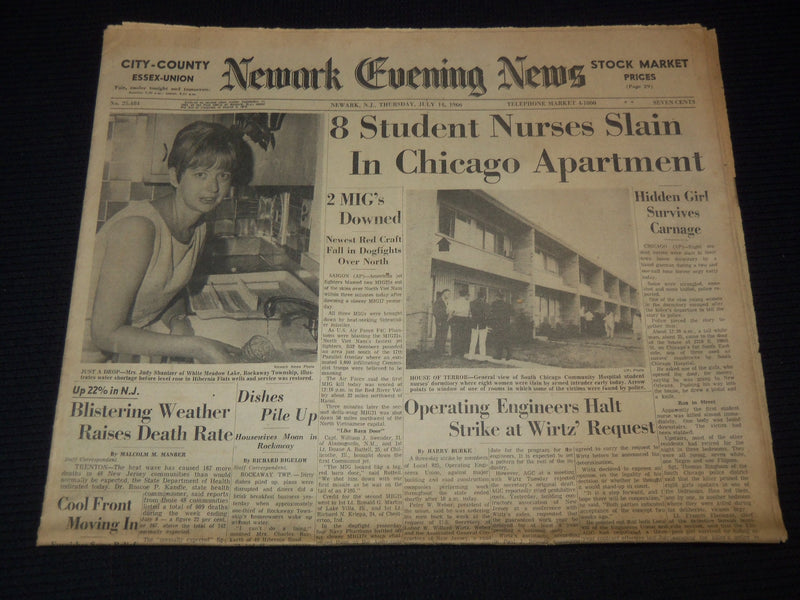 1966 JULY NEWARK EVENING NEWS NEWSPAPER LOT OF 3 - NURSES SLAIN - SPEC - NP 1812