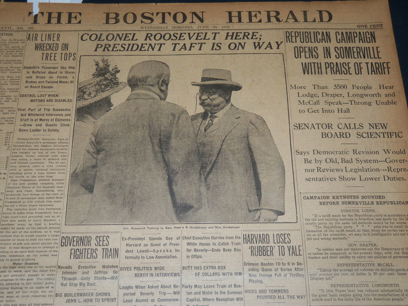 1910 JUNE 29 THE BOSTON HERALD - COLONEL ROOSEVELT HERE - TAFT ON WAY - BH 340