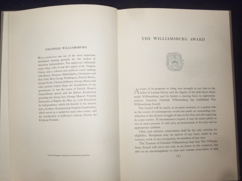 1957 PROCEEDINGS OF WILLIAMSBURG AWARD TO CHURCHILL HARDCOVER BOOK BY - KD 9076