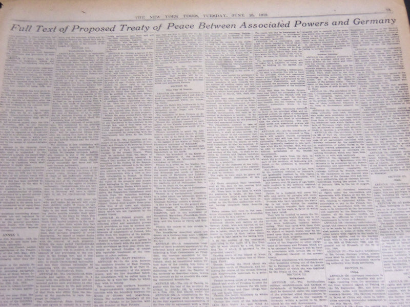 1919 JUNE 10 NEW YORK TIMES NEWSPAPER - PEACE TREATY MADE PUBLIC - NT 6657