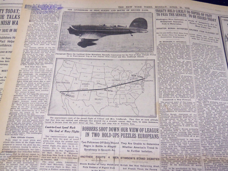 1930 APRIL 21 NEW YORK TIMES - LINDBERGH SETS A RECORD OF 14 3/4 HOURS - NT 1567