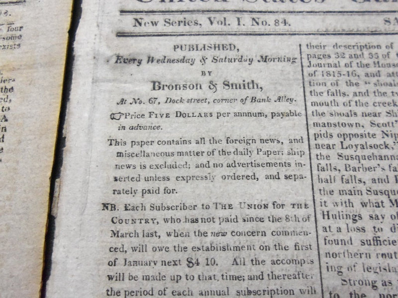 1818 THE UNION U.S. GAZETTE & TRUE AMERICAN NEWSPAPER LOT OF 8 DIFF - NP 1475