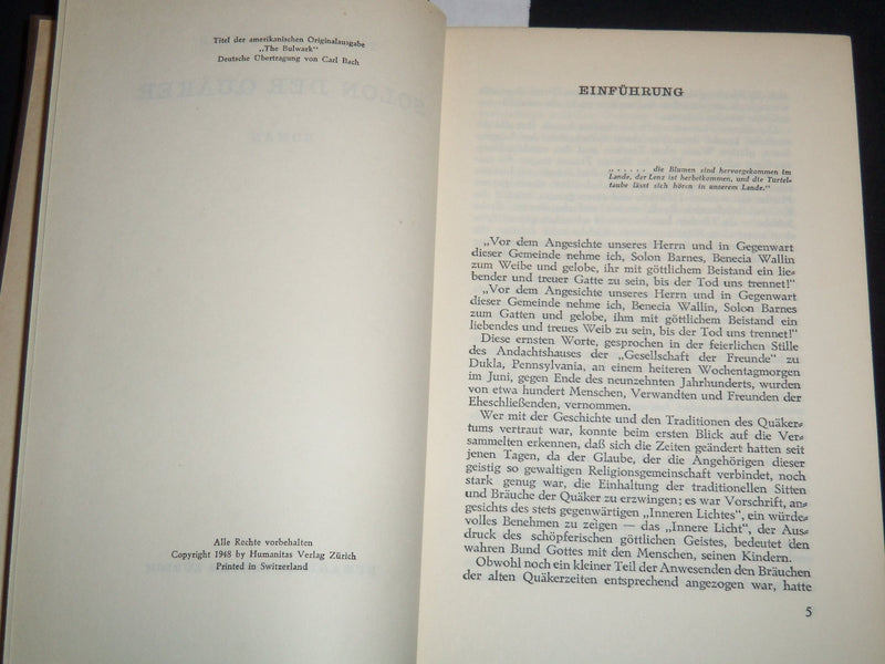 1948 SOLON DER QUAKER GERMAN BOOK BY THEODORE DREISER - KD 5633M