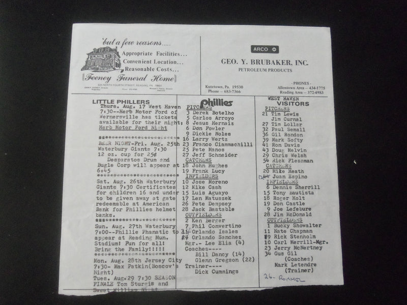 1978 READING PHILLIES SOUVENIR PROGRAM - WEST HAVEN VS. PHILLIES - B 431A
