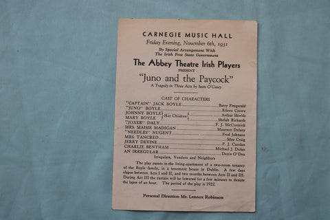 1931 NOVEMBER 6 CARNEGIE MUSIC HALL - JUNO AND THE PAYCOCK PROGRAM - K 2614A