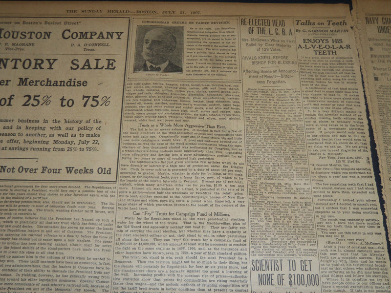 1907 JULY 21 THE BOSTON HERALD TWISTS & ROOSEVELT SHELVE TARIFF REVISION- BH 255