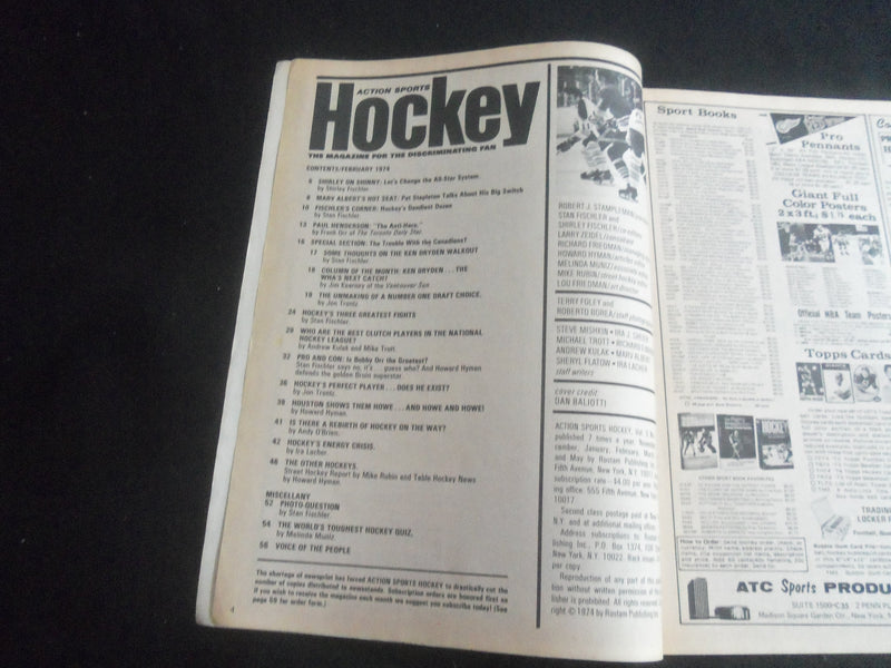 1974 FEBRUARY ACTION SPORTS HOCKEY MAGAZINE - PAUL HENDERSON COVER - B 6235M
