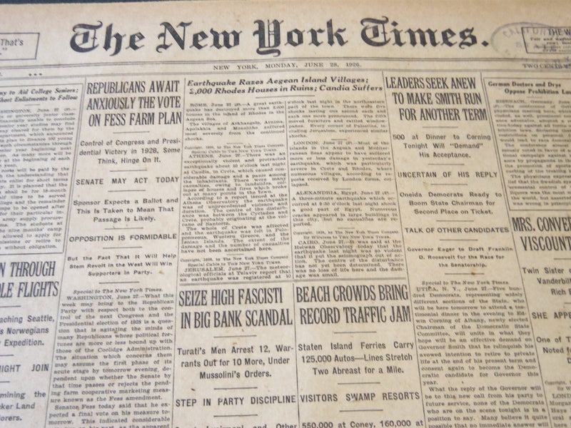 1926 JUNE 28 NEW YORK TIMES - EARTHQUAKE RAZES AEGEAN ISLAND VILLAGES - NT 5609