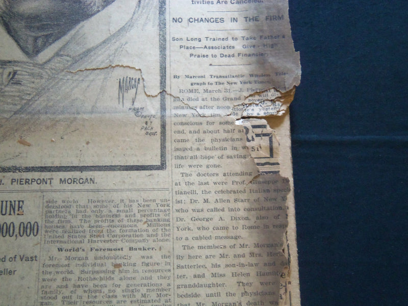 1913 APRIL 1 NEW YORK TIMES NEWSPAPER - J. PIERPONT MORGAN DEAD - NT 7616