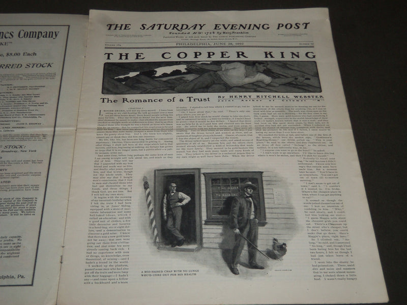 1902 JUNE 28 THE SATURDAY EVENING POST MAGAZINE - ILLUSTRATED COVER- SP 1048