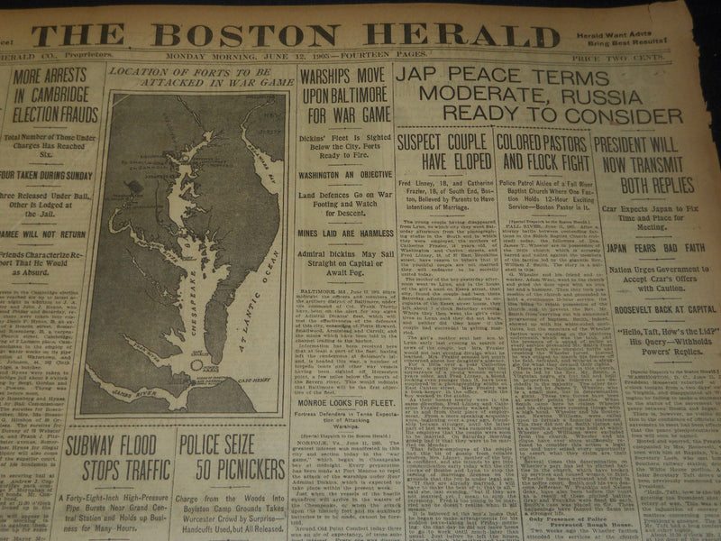 1905 JUNE 12 THE BOSTON HERALD NEWSPAPER - JAP PEACE TERMS MODERATE - BH 89