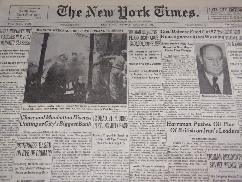 1951 AUGUST 21 NEW YORK TIMES - 12 DEAD IN FT. DIX JET CRASH - NT 2051