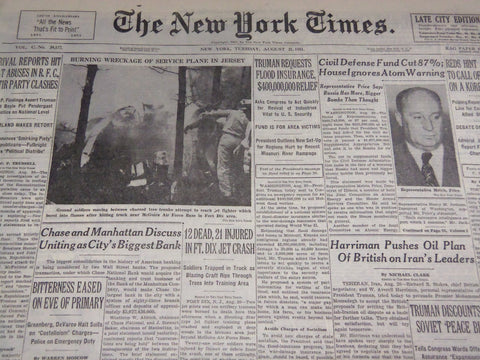 1951 AUGUST 21 NEW YORK TIMES - 12 DEAD IN FT. DIX JET CRASH - NT 2051