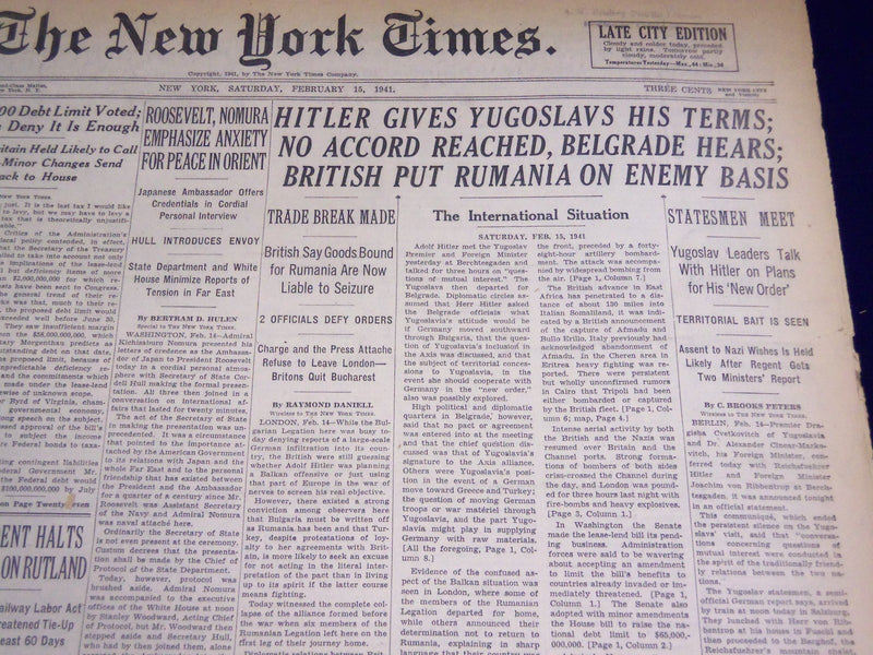 1941 FEB 15 NEW YORK TIMES - HITLER GIVES YUGOSLAVS, HIS TERMS - NT 1313