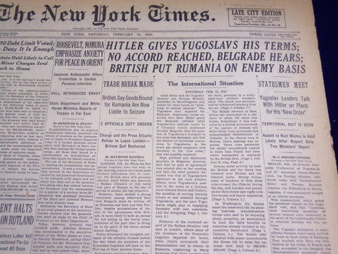 1941 FEB 15 NEW YORK TIMES - HITLER GIVES YUGOSLAVS, HIS TERMS - NT 1313