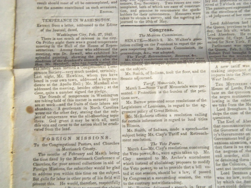 1842 MARCH 18 CONGREGATIONAL JOURNAL NEWSPAPER - CONCORD NEW HAMPSHIRE - NP 614J
