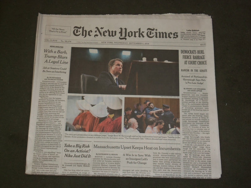 2018 SEPTEMBER 5 NEW YORK TIMES-DEMOCRATS HURL FIERCE BARRAGE AT BRETT KAVANAUGH