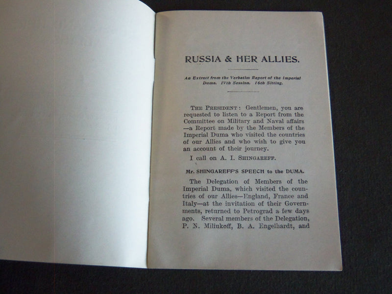 1917 RUSSIA AND HER ALLIES SOFTCOVER BOOK - DUMA IVTH SESSION - J 7211