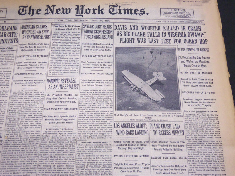 1927 APRIL 27 NEW YORK TIMES - DAVIS AND WOOSTER KILLED IN CRASH - NT 5052