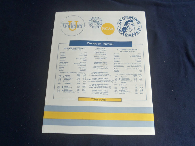 1992 OCTOBER 10 FOOTBALL PROGRAM - WIDENER UNIV VS LYCOMING COLLEGE - SP 1218N