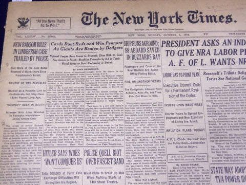 1934 OCTOBER 1 NEW YORK TIMES - CARDS ROUT REDS AND WIN PENNANT - NT 1678