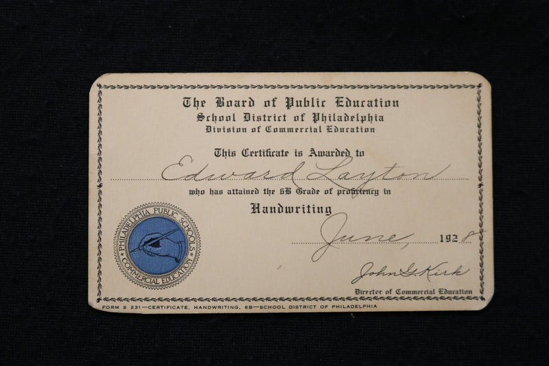 1928 PHILADELPHIA BOARD OF EDUCATION CERTIFICATE - K 2476
