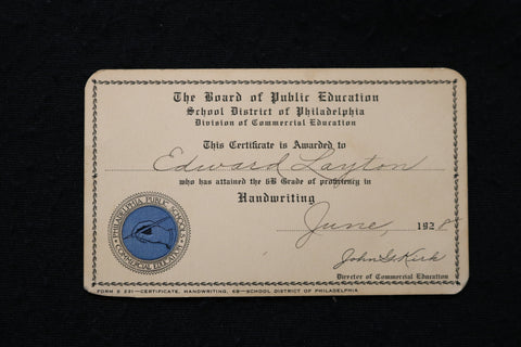 1928 PHILADELPHIA BOARD OF EDUCATION CERTIFICATE - K 2476