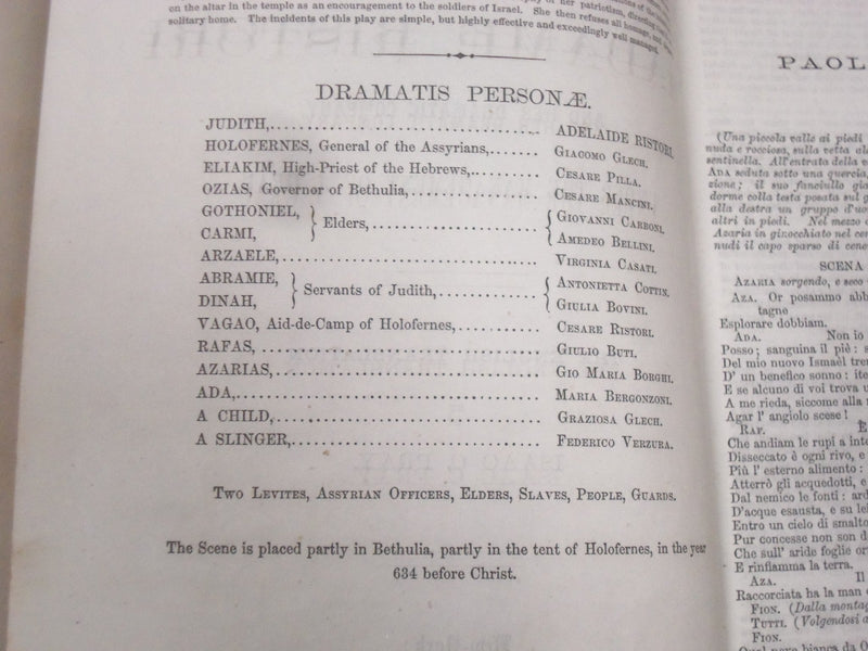 1866 GIACOMETTI'S TRAGEDY OF JUDITH REPRESENTED BY MADAME RISTORI BOOK - J 1887
