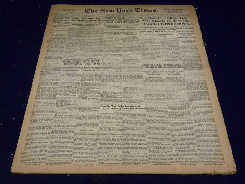 1938 DEC 23 NEW YORK TIMES - U. S. REJECTS REICH PROTEST OVER ICKES - NT 2480