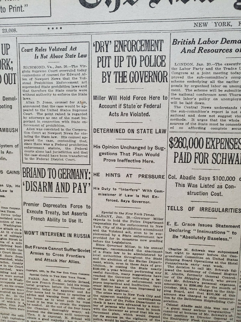 1921 JANUARY 21 NEW YORK TIMES NEWSPAPER- DRY ENFORCEMENT UP TO POLICE - NT 8106