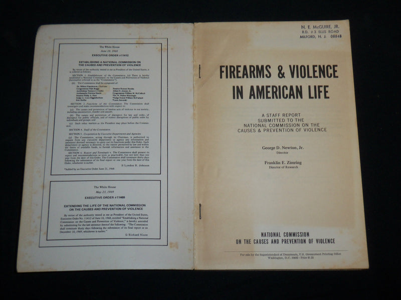 1970 FIREARMS AND VIOLENCE IN AMERICAN LIFE SOFTCOVER BOOK BY NEWTON - KD 7045
