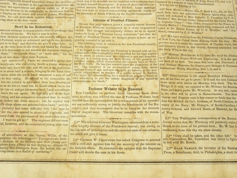 1850 JULY 27 BOSTON MUSEUM NEWSPAPER MILLARD FILLMORE - 13TH PRESIDENT - NP 9056